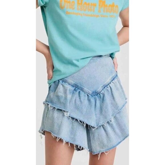 Mother Womens Layered Ruffle Mini Raw Edge Skirt‎ Blue Denim Light Wash Size 27 - Picture 5 of 13